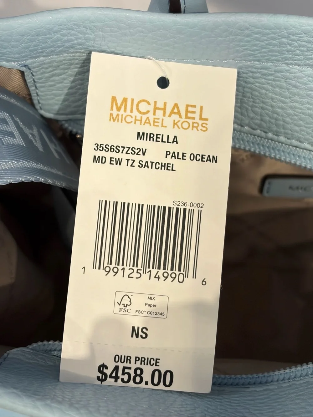 Michael Kors Light Blue Embossed MK Satchel with Detachable Strap